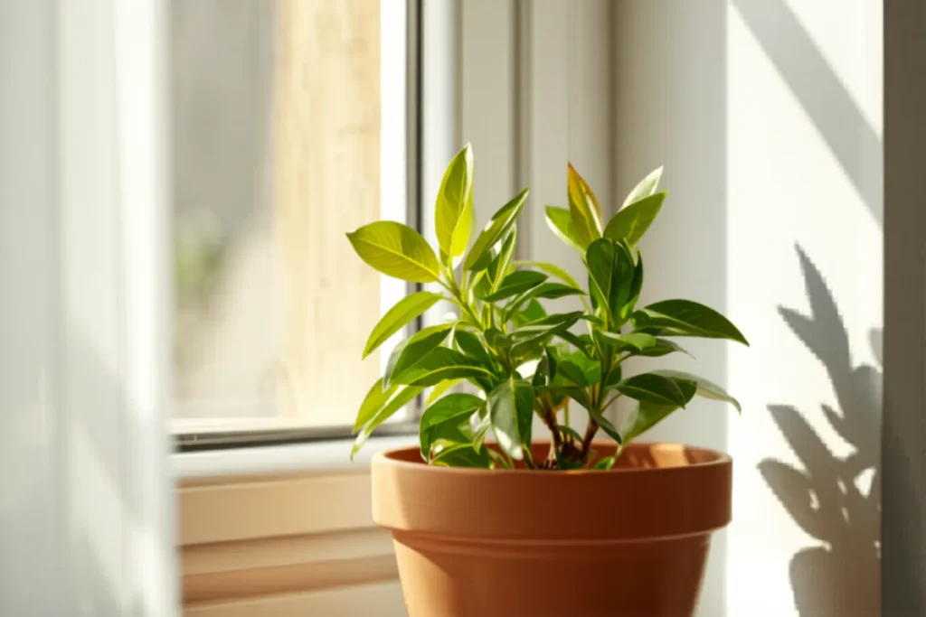 Planta de interior con algunas hojas amarillas entre hojas verdes sanas, en maceta de terracota junto a una ventana, luz natural