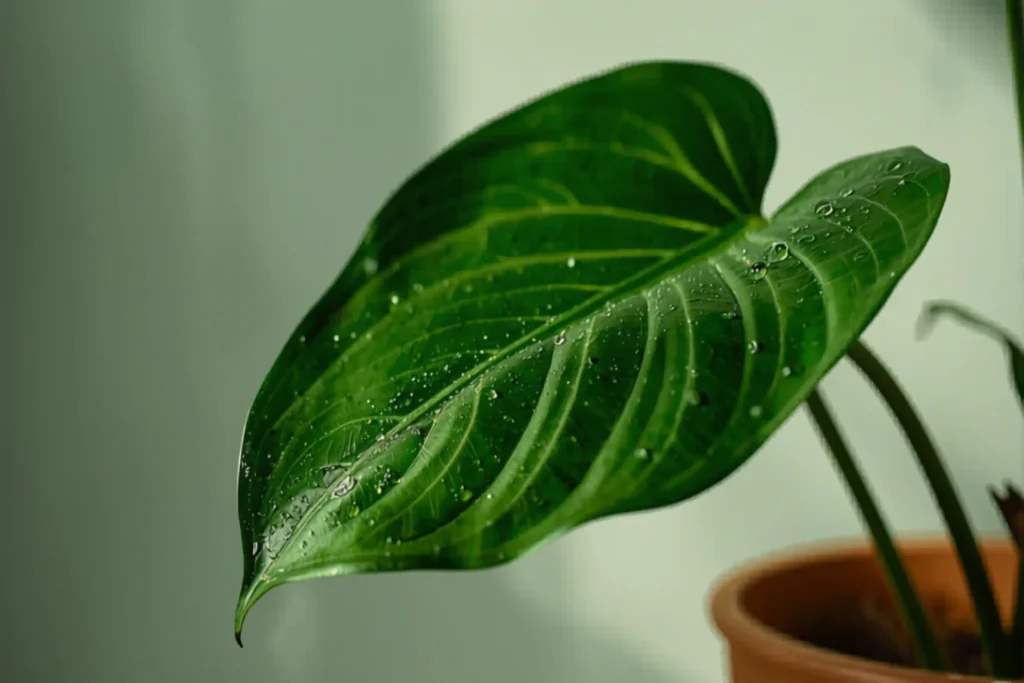 Hoja verde brillante de una planta de interior limpiándose con un paño suave, gotas de agua, luz natural, maceta de terracota