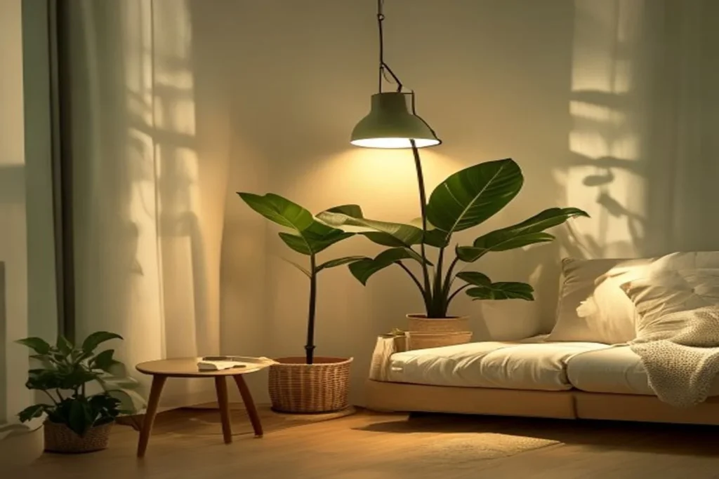 Planta de interior bajo una lámpara LED de cultivo en un departamento con poca luz natural