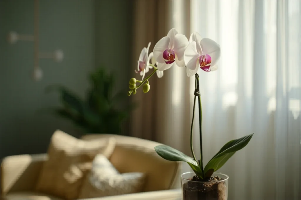 Orquídea phalaenopsis blanca y rosada en maceta transparente junto a una ventana luminosa, luz indirecta suave, fondo minimalista