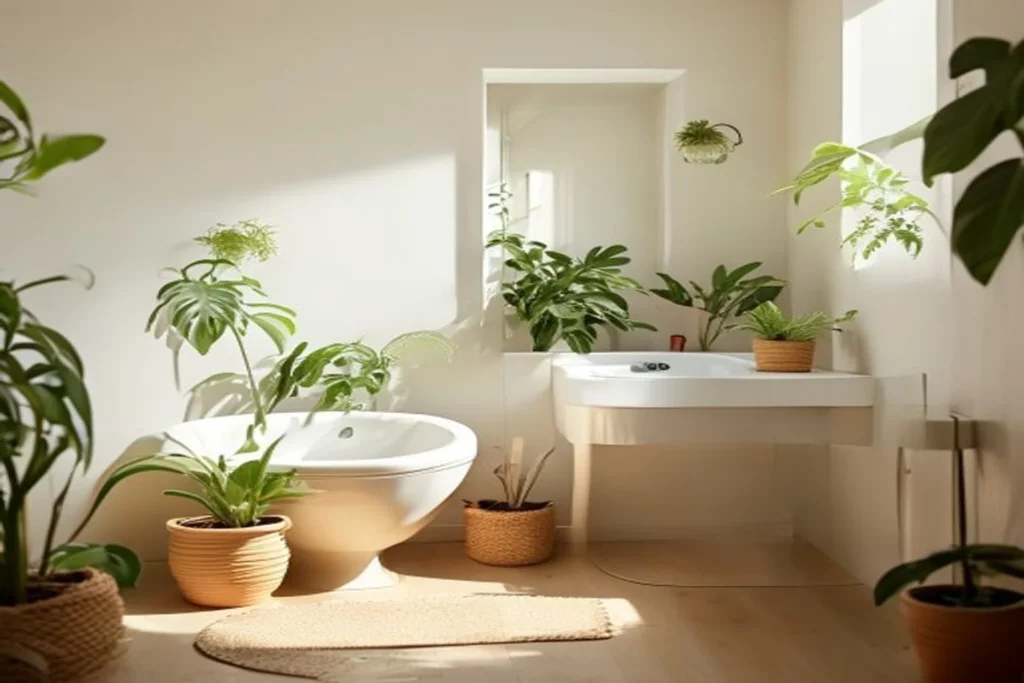 Baño pequeño sin ventana decorado con plantas verdes de interior sobre una repisa junto al lavabo