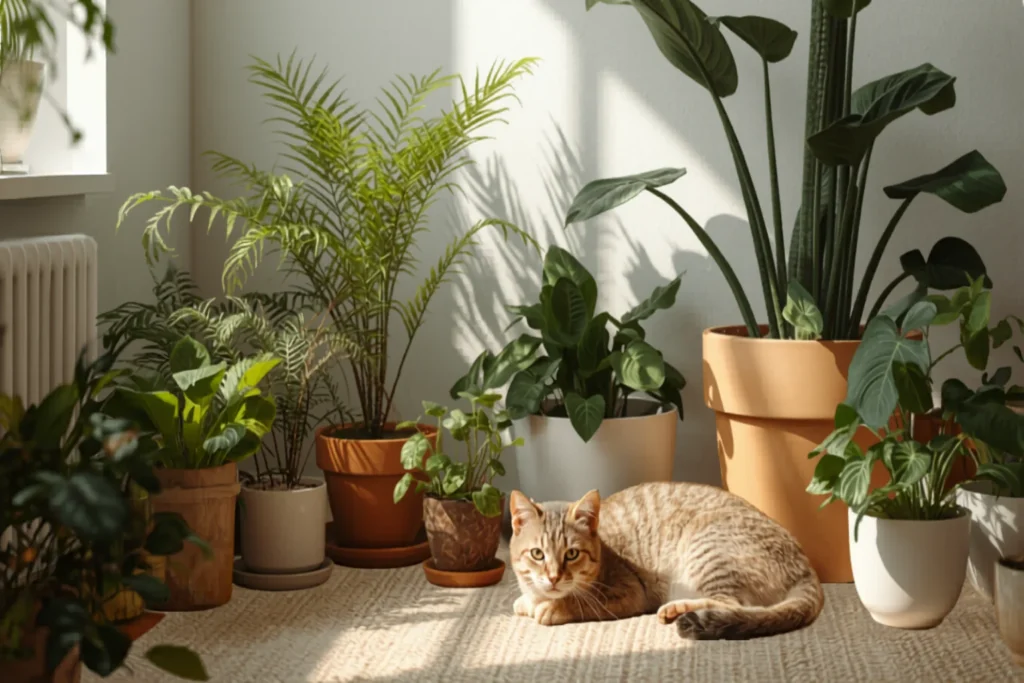 Rincón de sala con plantas de interior seguras en macetas de terracota y blancas y un gato tranquilo cerca, luz natural