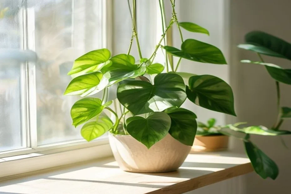 Planta de pothos con hojas verdes en forma de corazón colgando de una maceta en un estante junto a una ventana