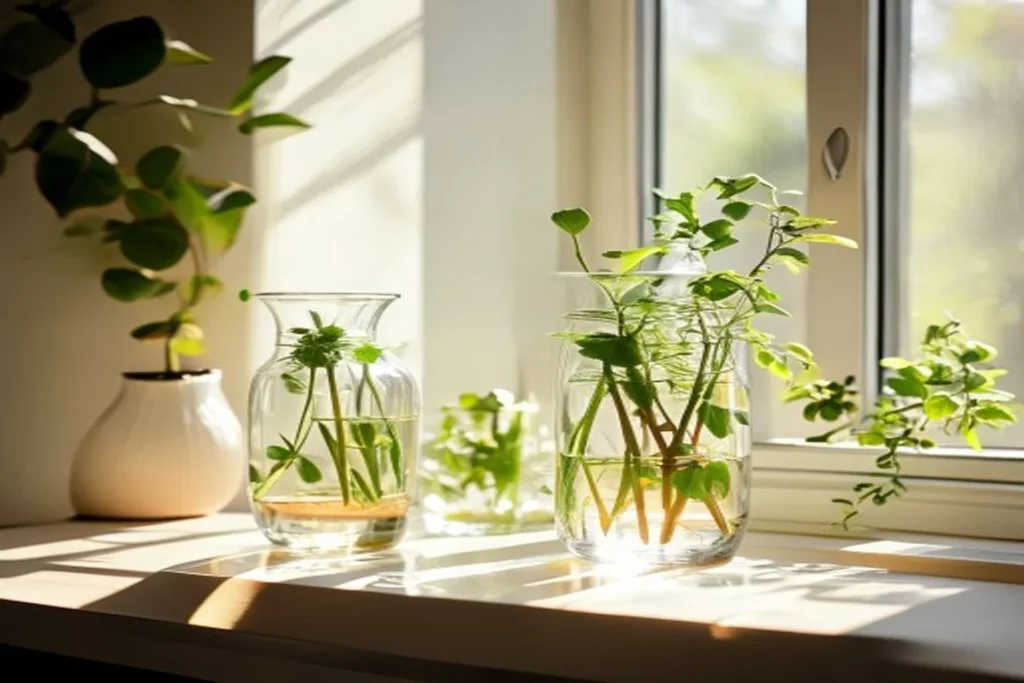 Frascos de vidrio en una ventana con esquejes de plantas echando raíces en agua