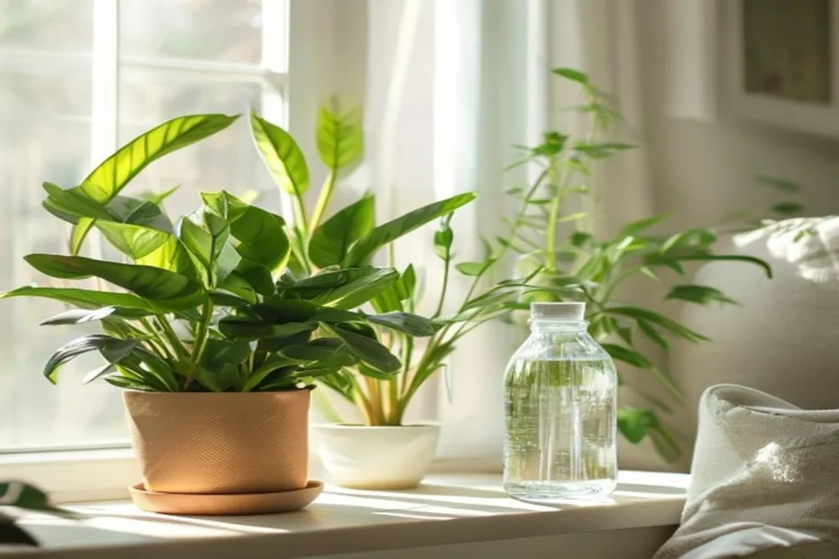 Plantas de interior agrupadas junto a una ventana con una botella de agua invertida clavada en la maceta para riego automático