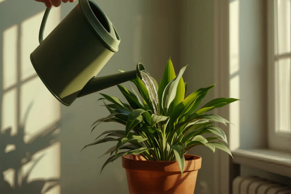 Una regadera riega una planta de interior verde en maceta de terracota junto a una ventana con luz suave de la mañana