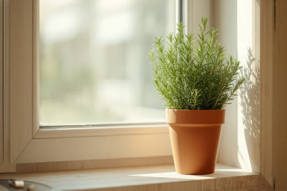 Planta de romero sana en maceta de terracota sobre el alféizar soleado de una cocina, luz natural directa, agujas verdes frescas